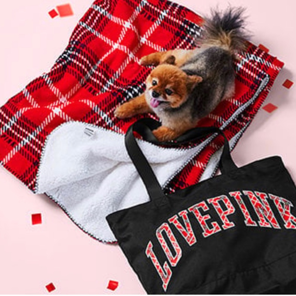Victoria’s Secret Pink Bundle Black Tote W/Plaid Lettering & Red Plaid Blanket